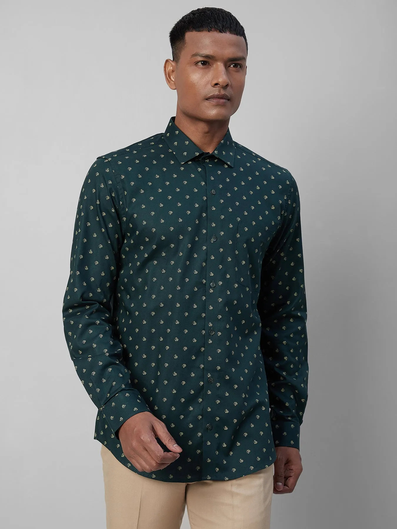 100% COTTON Dark Green SLIM FIT Full Sleeve Formal Mens Printed Shirts