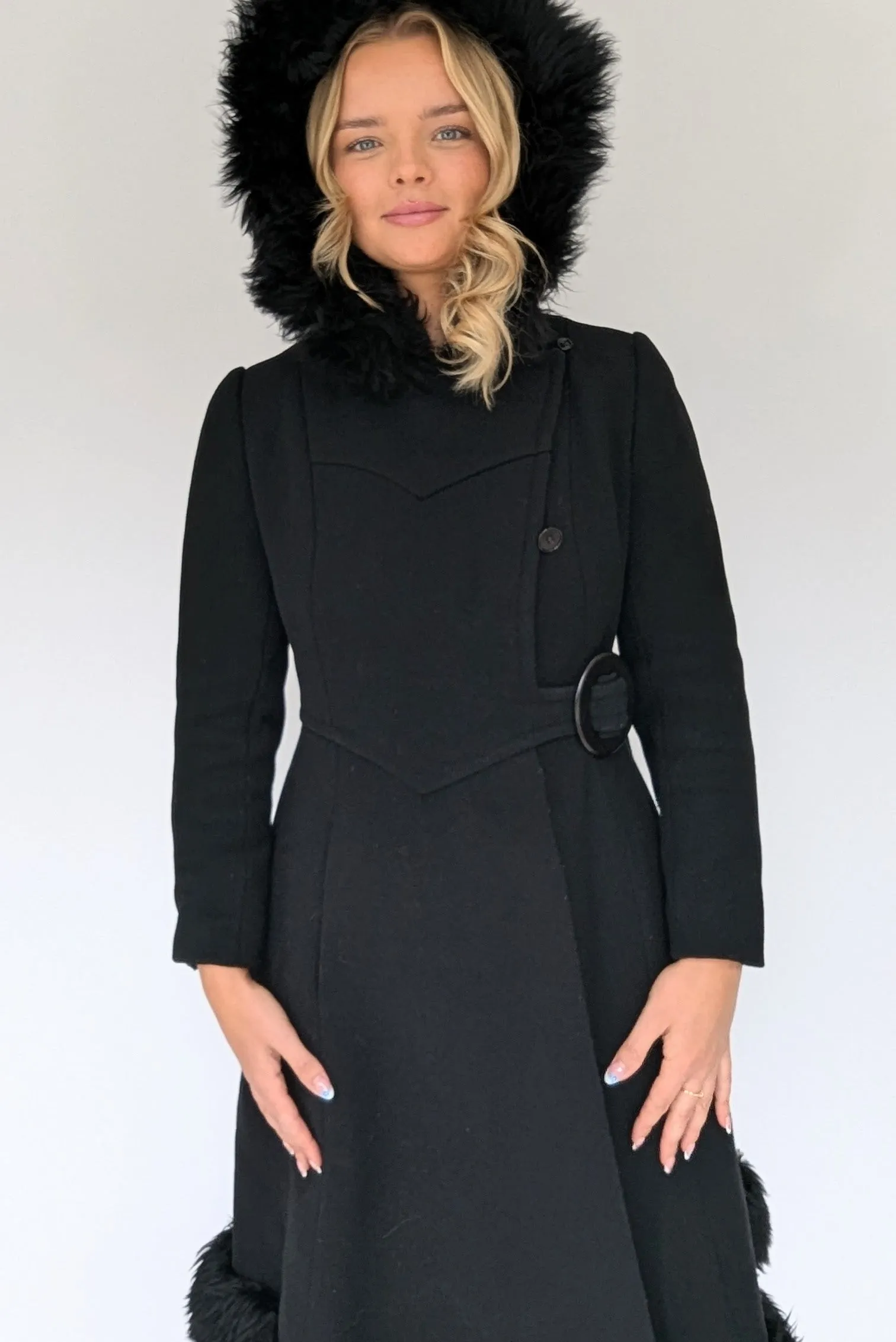 1960s Vintage Long Black Hooded Coat