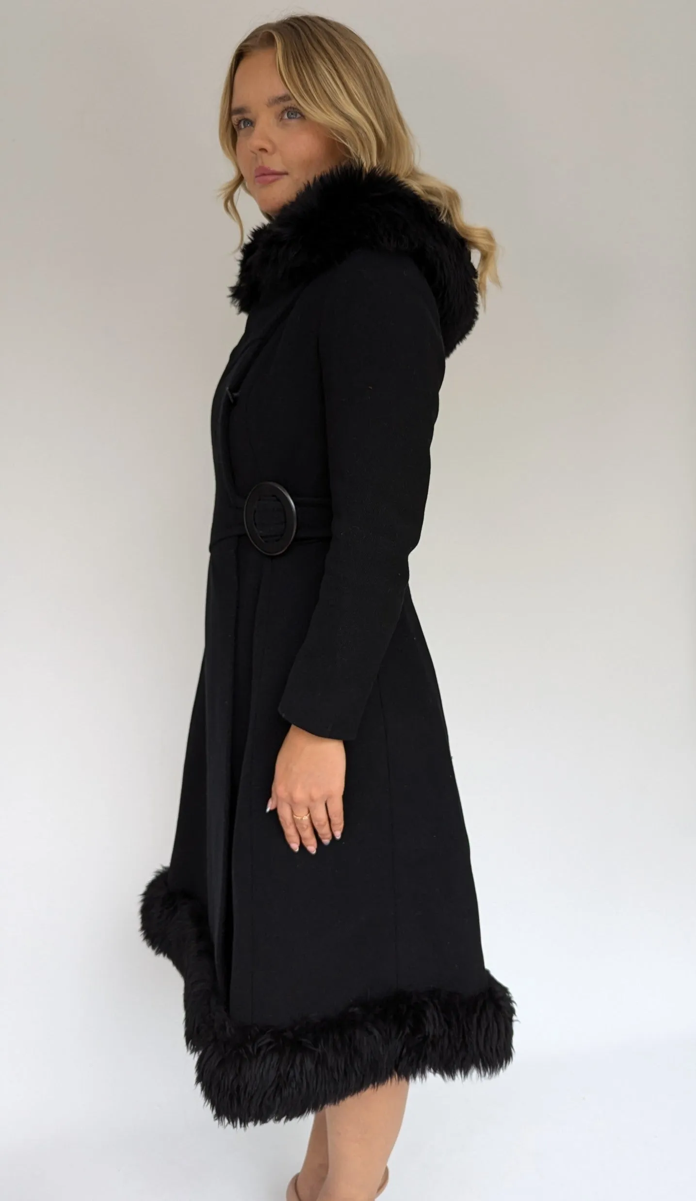 1960s Vintage Long Black Hooded Coat