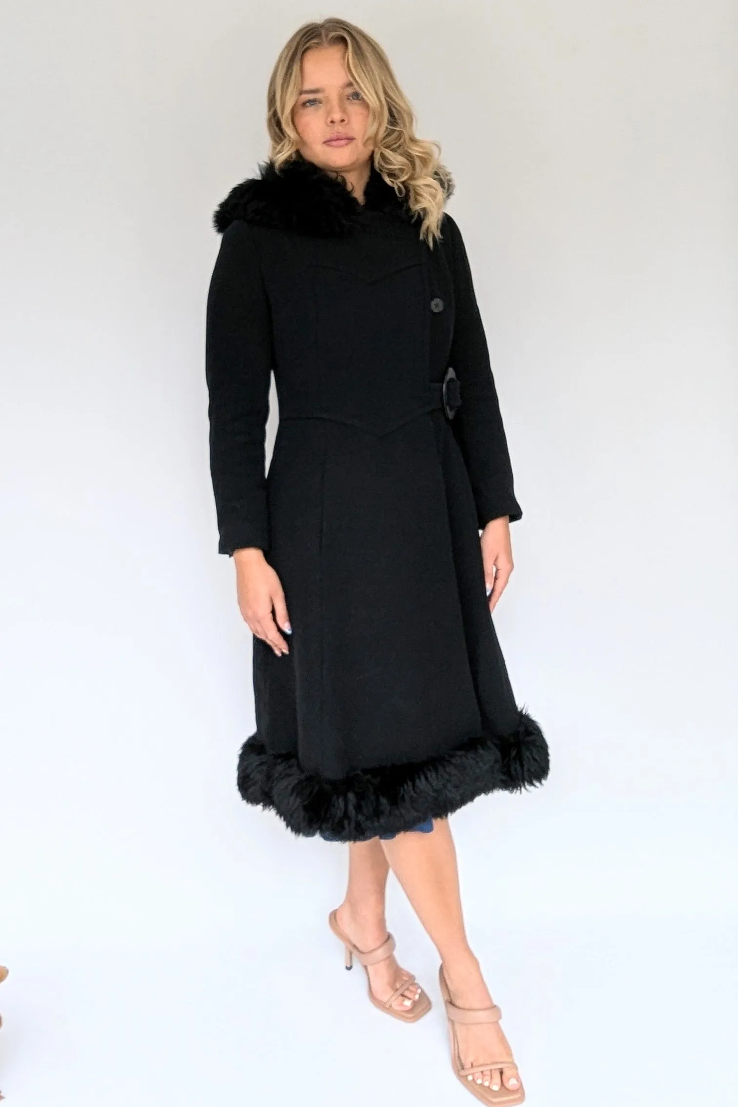 1960s Vintage Long Black Hooded Coat