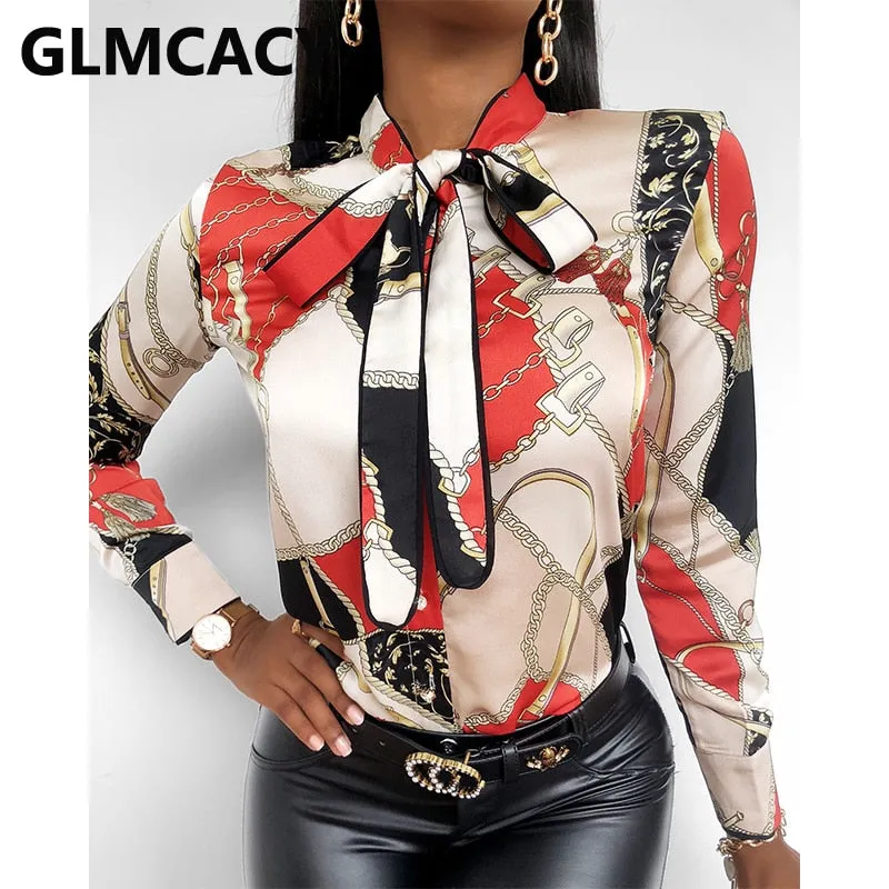 2021 Women's Tie Neck Scarf Print Long Sleeve Blouse Sizes S - 2XL