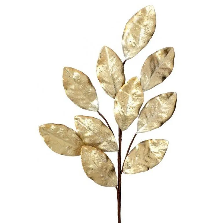 30" Glitter Metallic Magnolia Leaf Spray: Champagne