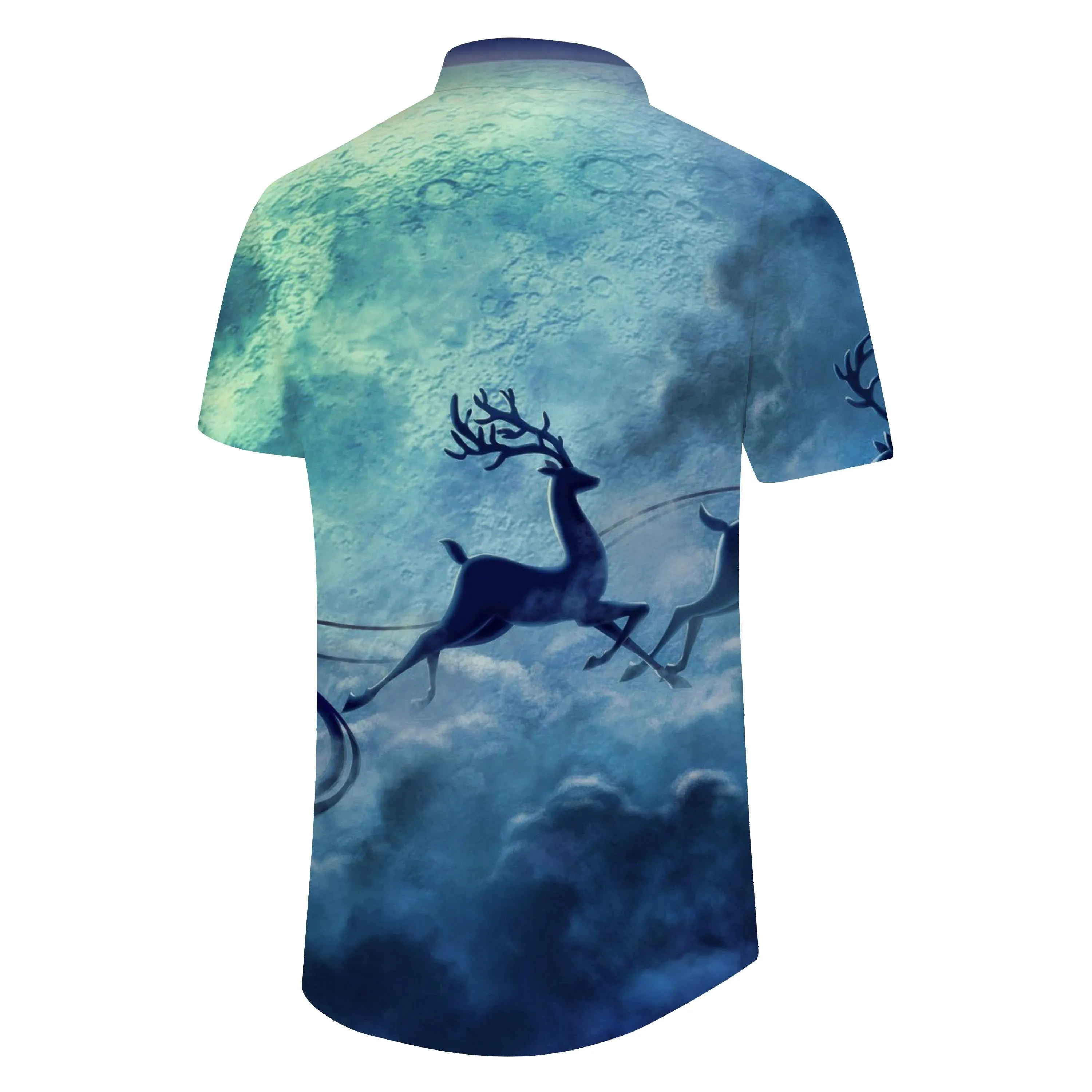 3d Digital Printing Men's Christmas Santa Claus Gift Button Short Sleeve Shirt Blue