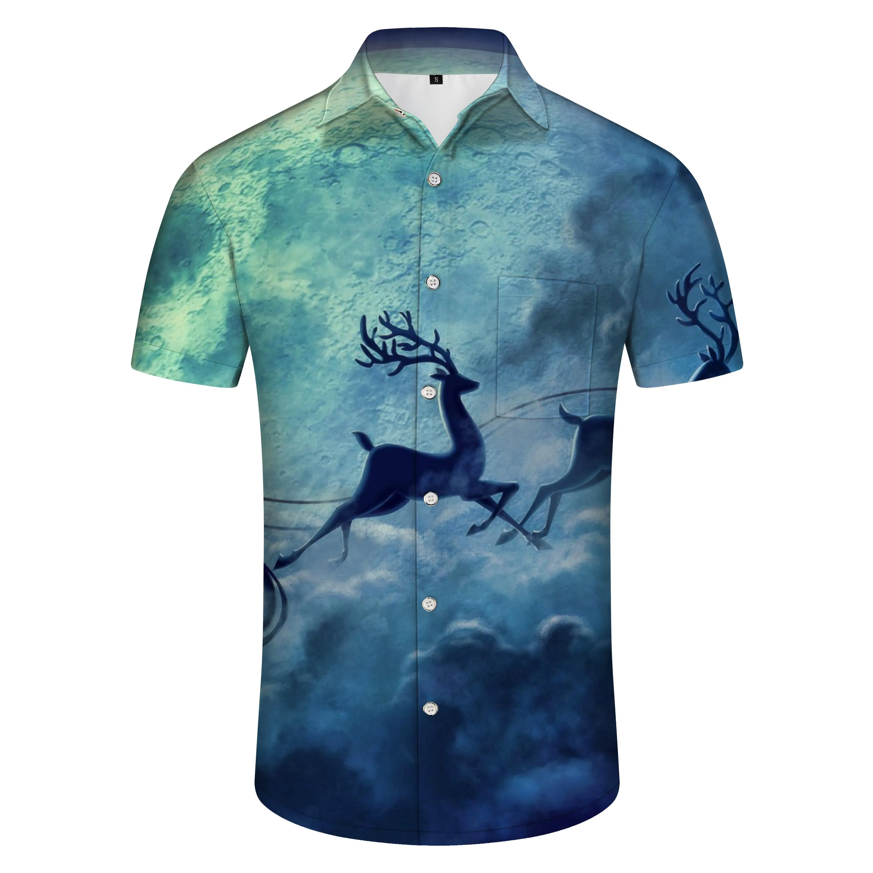 3d Digital Printing Men's Christmas Santa Claus Gift Button Short Sleeve Shirt Blue