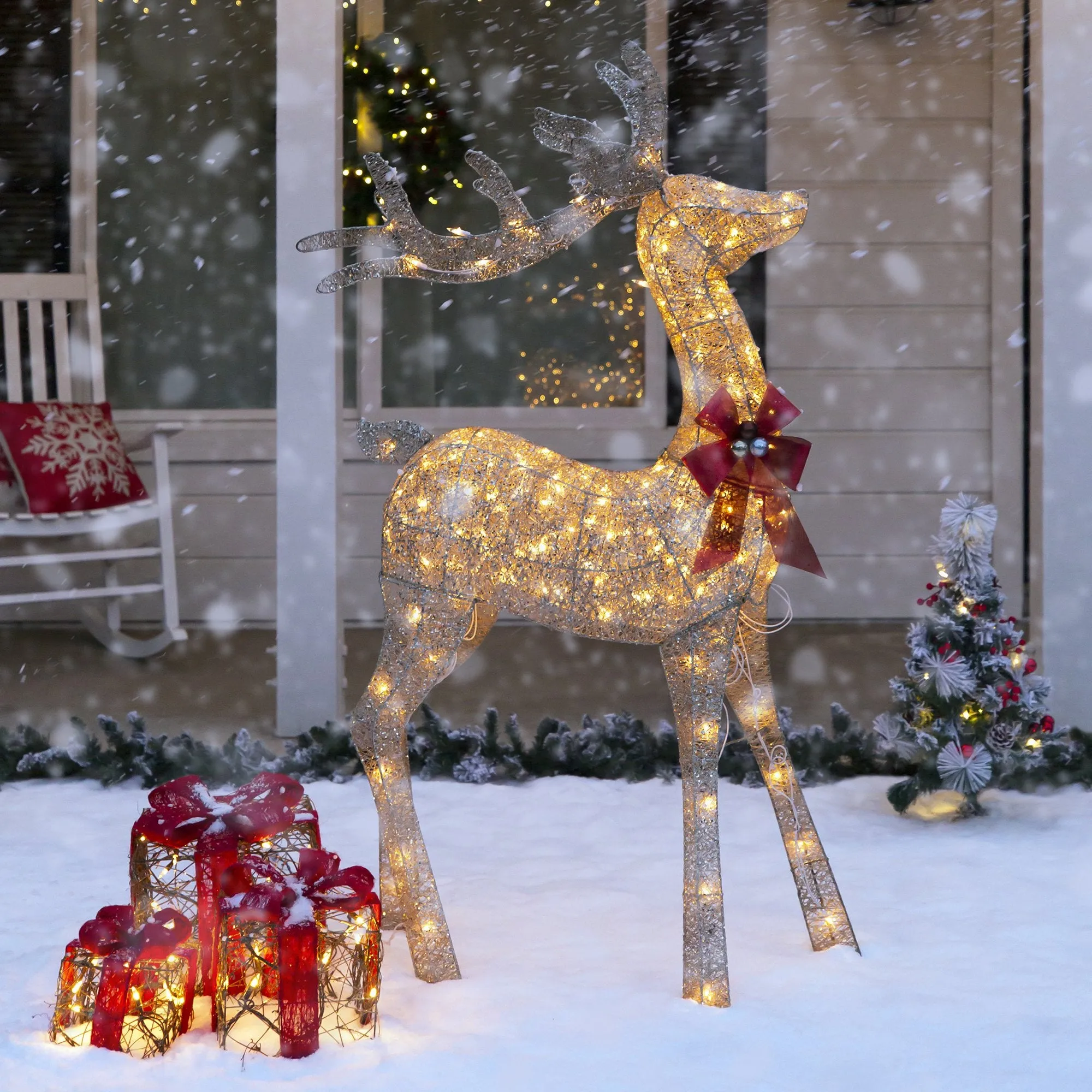 5ft 3D Pre-Lit Gold Glitter Christmas Reindeer Yard Decoration w/ 150 Lights