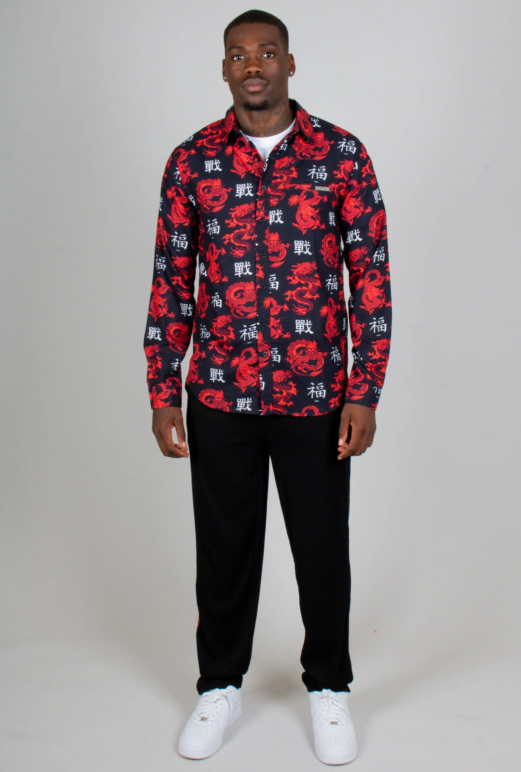 All-Over Dragon Print Long Sleeve Black Shirt