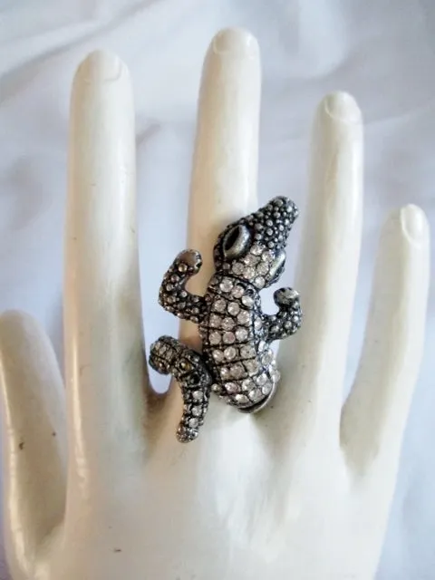 ALLIGATOR CROC CROCODILE REPTILE Animal Ring OS SILVER Rhinestone