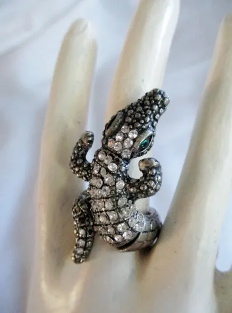 ALLIGATOR CROC CROCODILE REPTILE Animal Ring OS SILVER Rhinestone