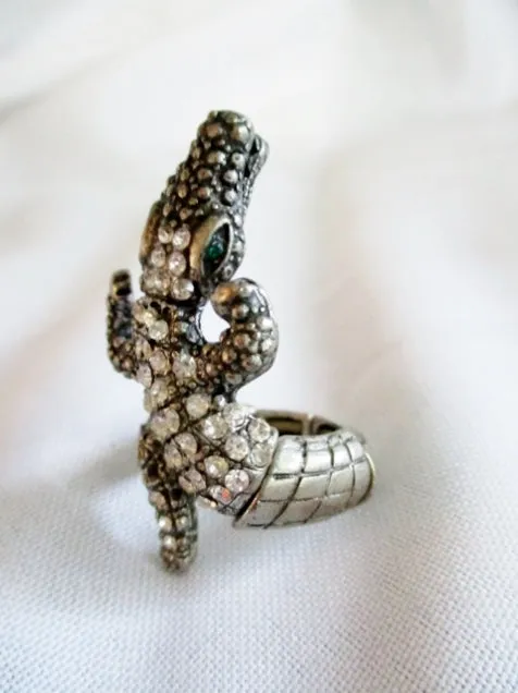 ALLIGATOR CROC CROCODILE REPTILE Animal Ring OS SILVER Rhinestone