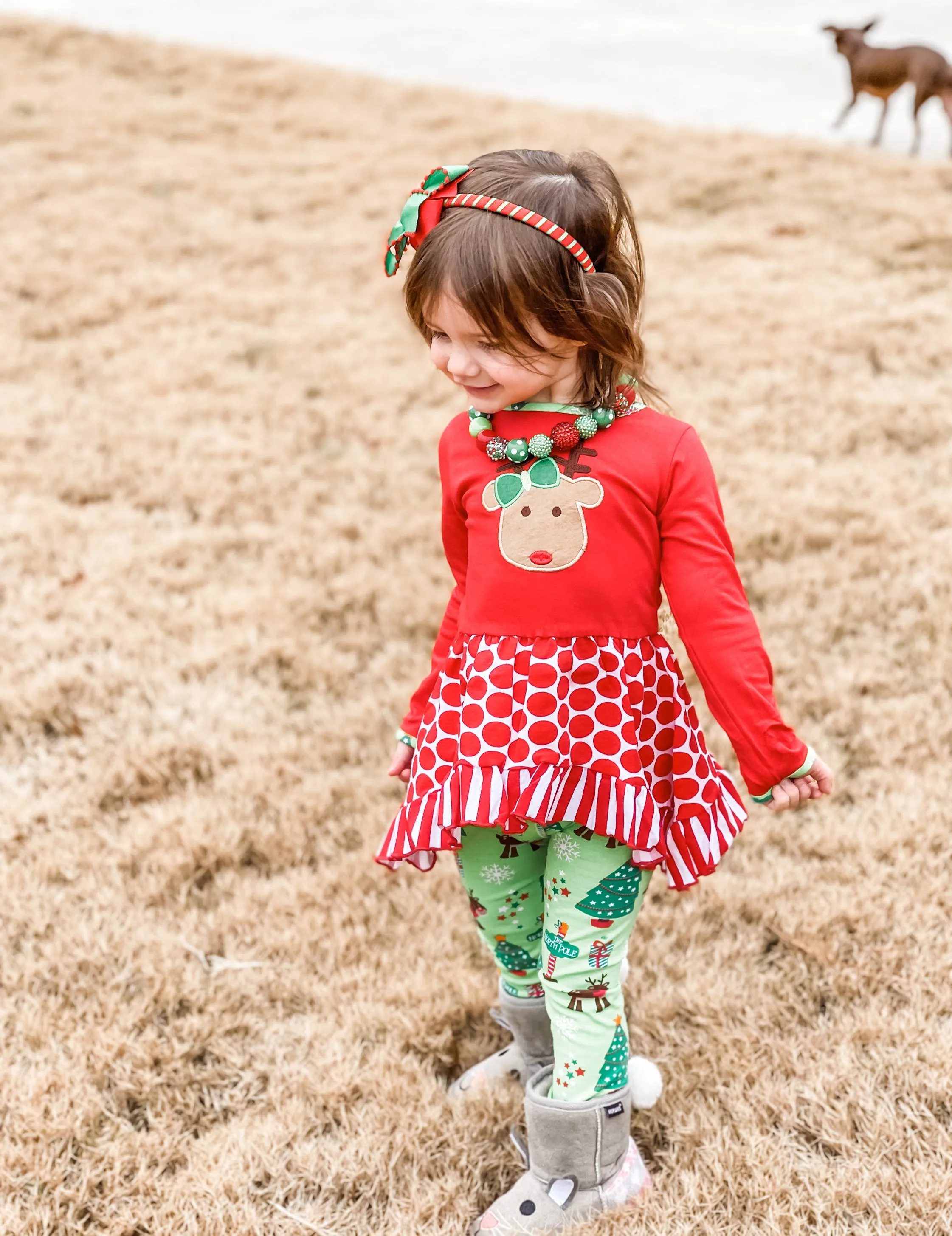 AnnLoren Girls Christmas Reindeer Tunic and Holiday Legging Set