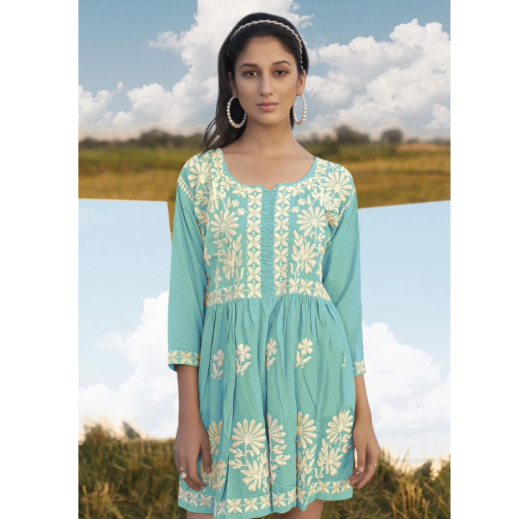 Aqua Blue Lucknowi Embroidered Rayon Tunic