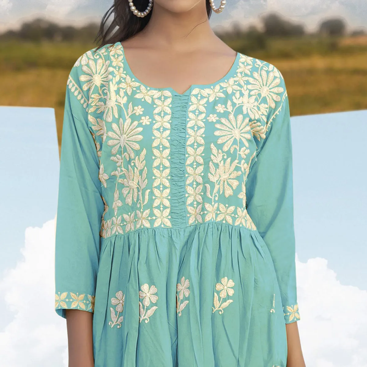 Aqua Blue Lucknowi Embroidered Rayon Tunic