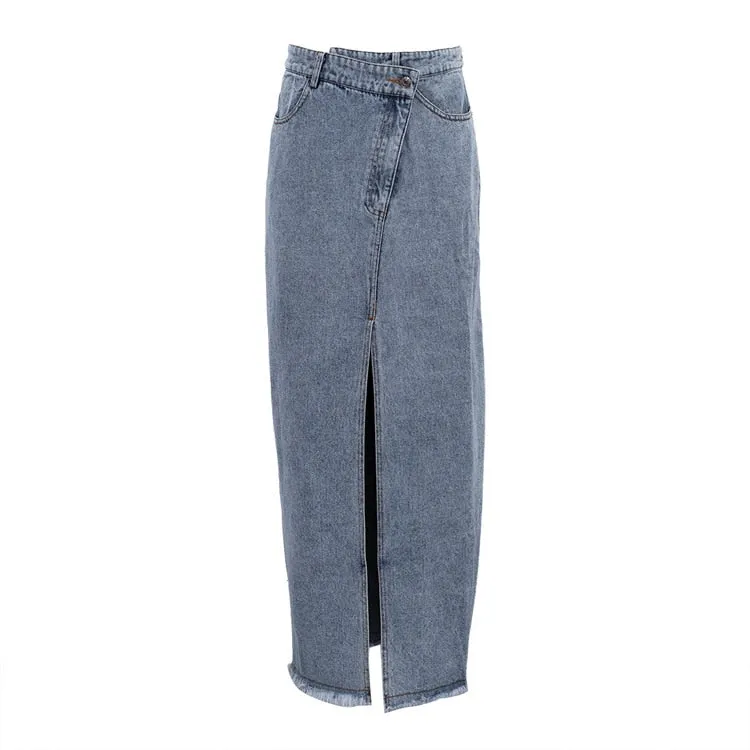 Asymmetric Side Button Fly Maxi Denim Skirt