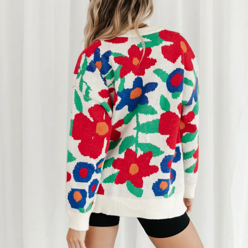 Autumn and winter new large flower embroidery round neck loose long-sleeved knitted sweater pullover women's