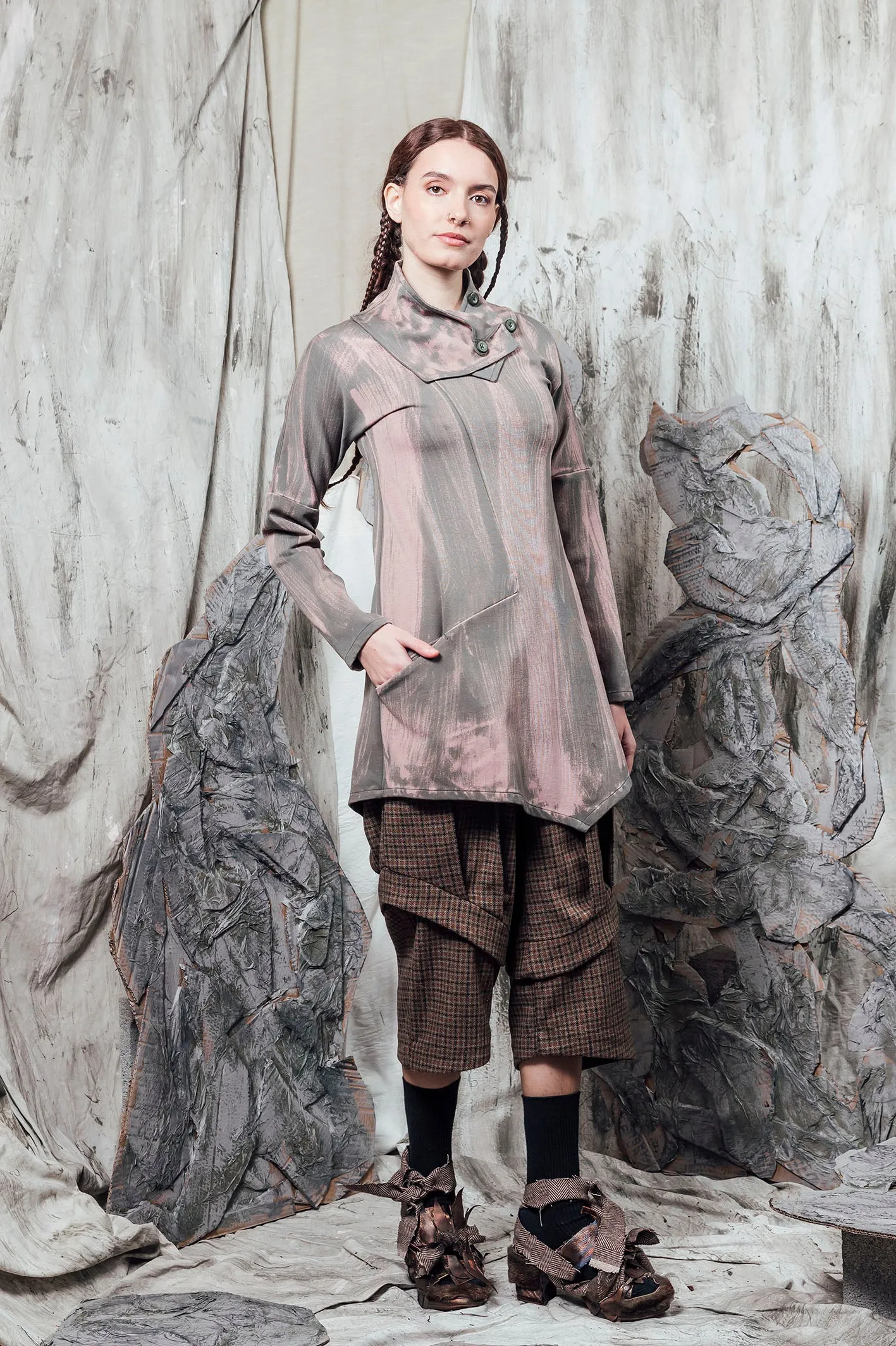 AW24 KALIS SCARF TUNIC TOP - KHAKI BRUSHSTROKE