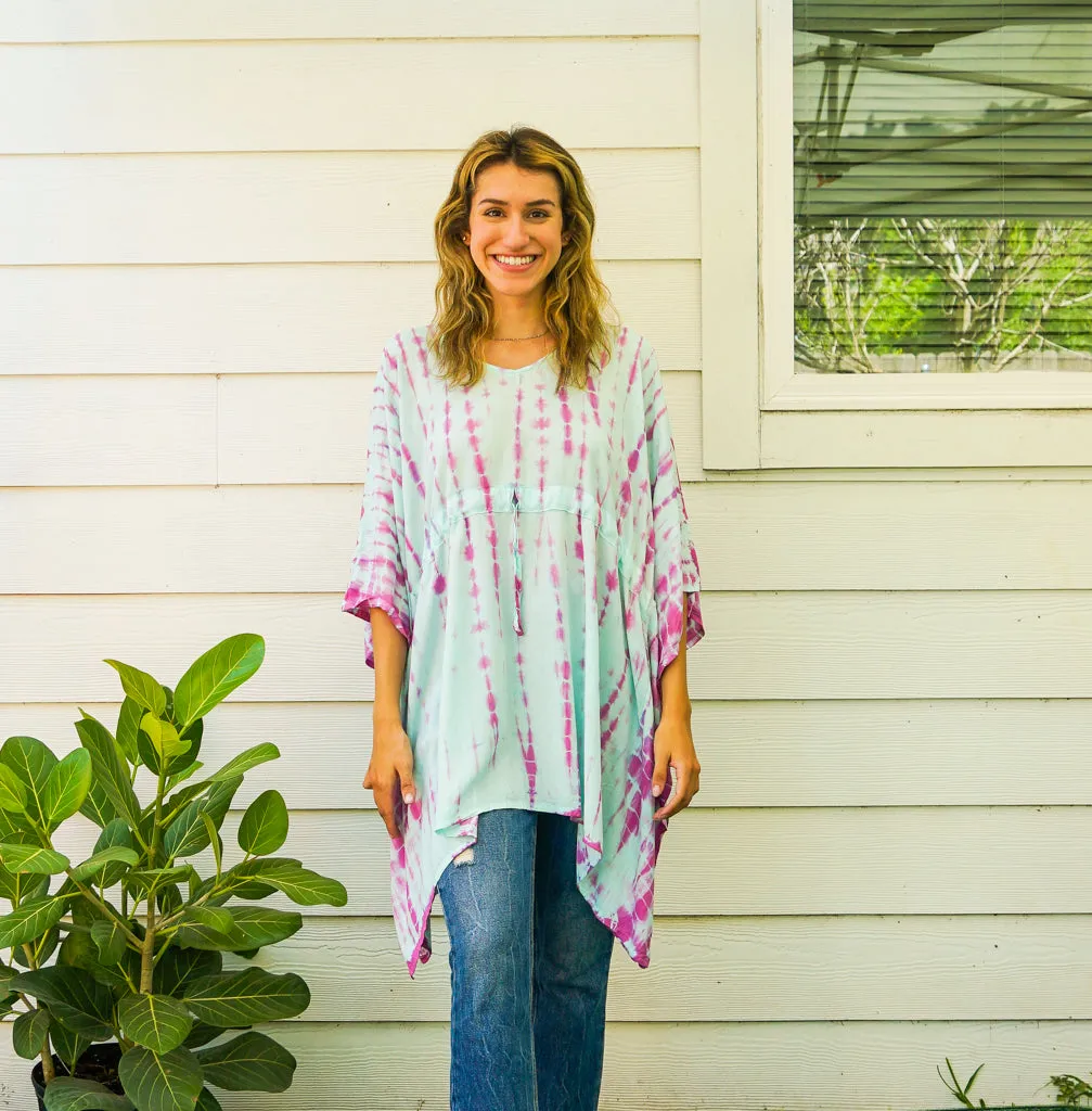 B3809- Shibori Hand Dyed Tunic Boho Kaftan Blouse Hippie Oversize Tops