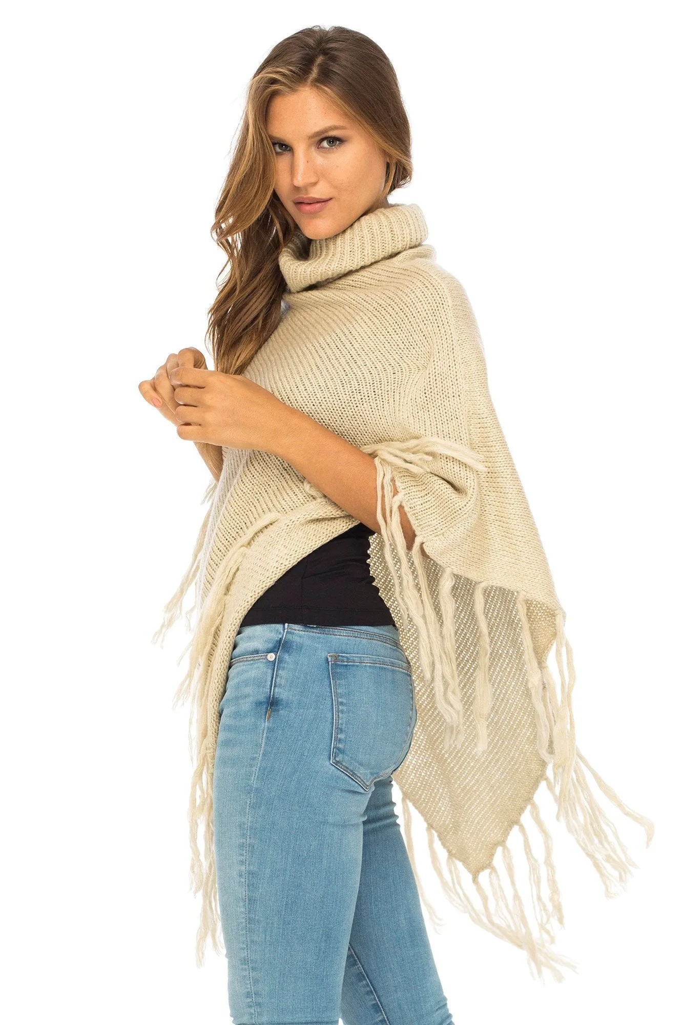 Back From Bali Womens Knit Fringed Poncho Boho Sweater Cape with Cowl Neck Soft Boho Winter Shawl