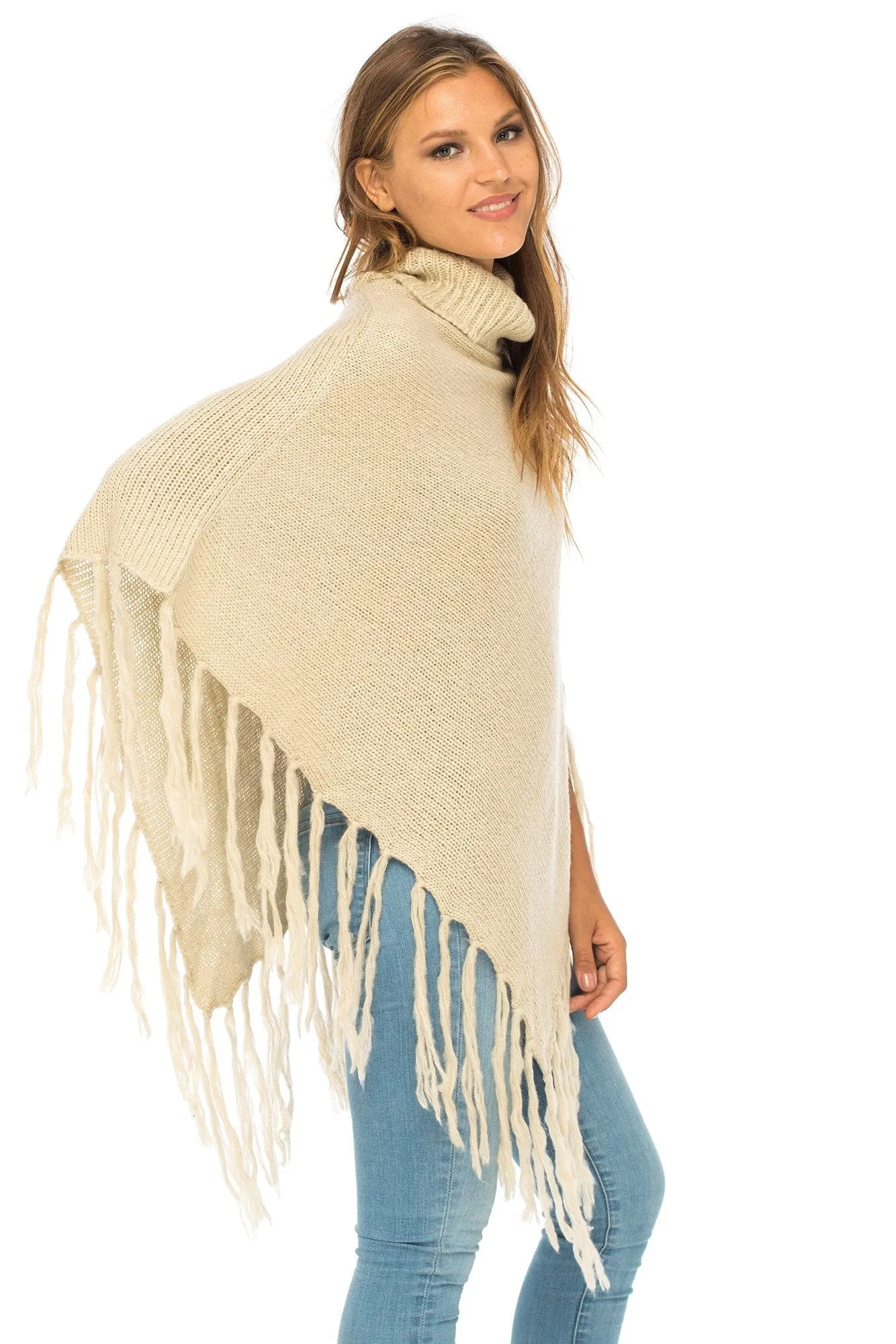 Back From Bali Womens Knit Fringed Poncho Boho Sweater Cape with Cowl Neck Soft Boho Winter Shawl