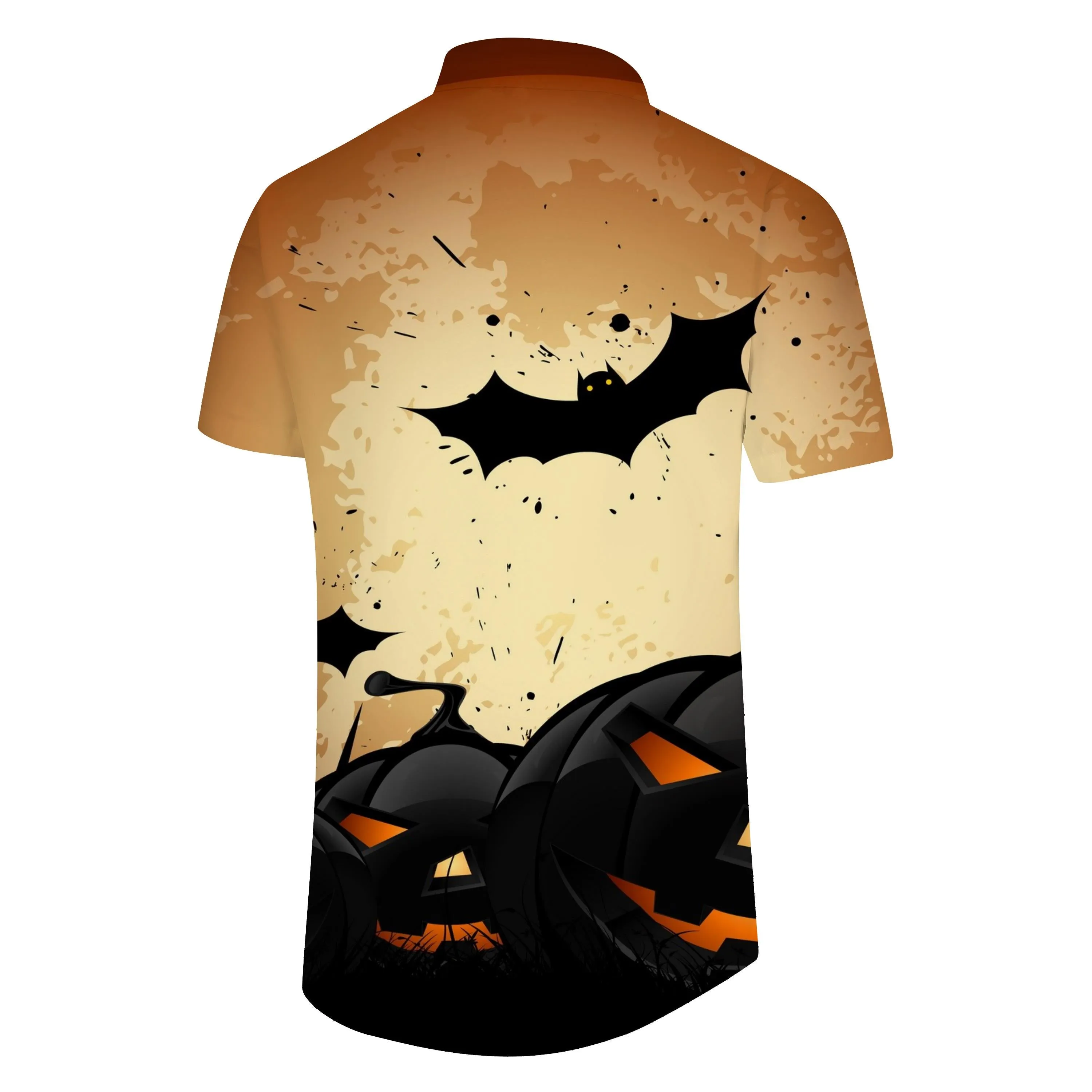 Bat Pumpkin Head Halloween Novelty Fashion Pumpkin Print Casual Short Sleeve Men's Button Shirt Hawaiian Festival