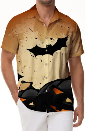 Bat Pumpkin Head Halloween Novelty Fashion Pumpkin Print Casual Short Sleeve Men's Button Shirt Hawaiian Festival