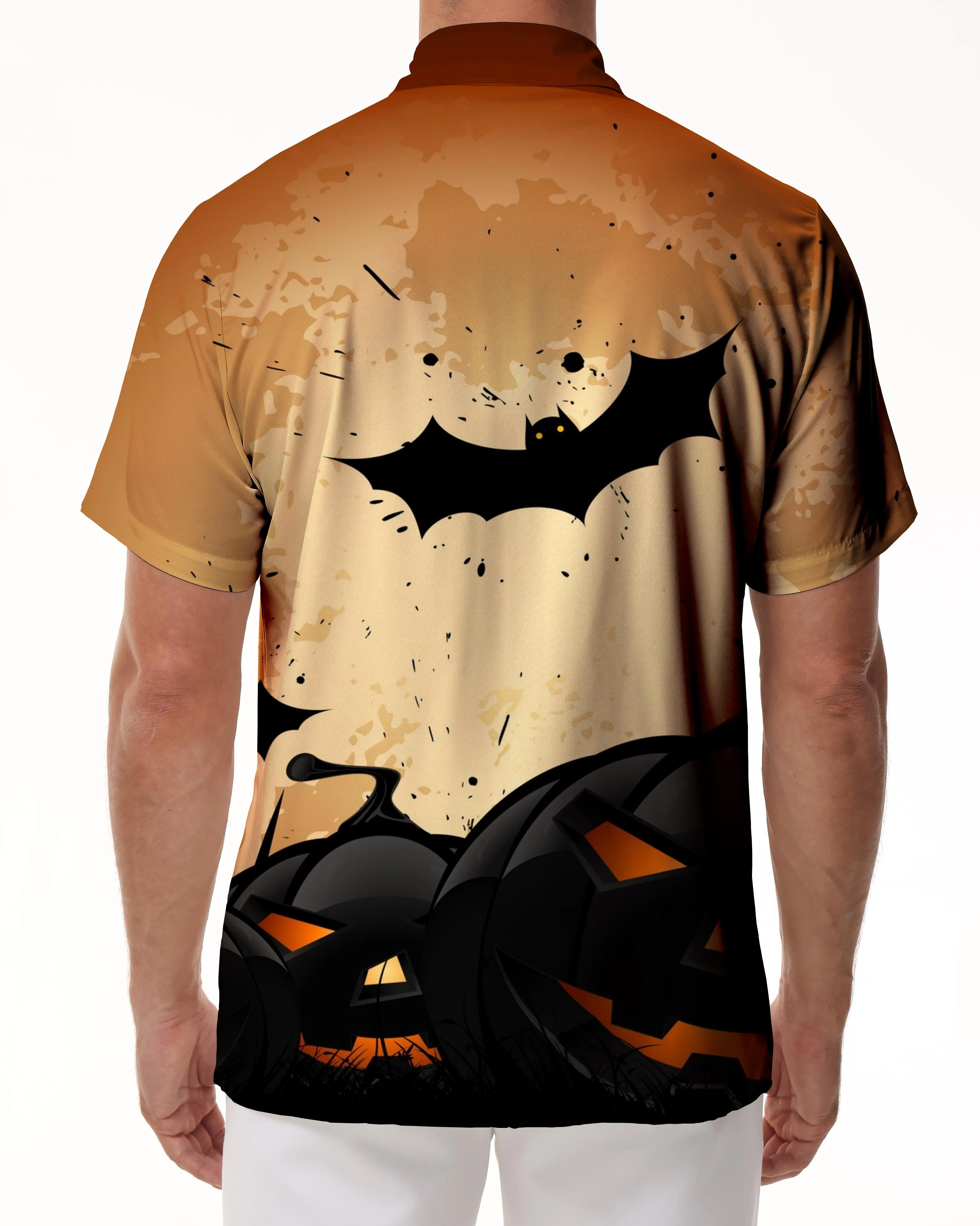 Bat Pumpkin Head Halloween Novelty Fashion Pumpkin Print Casual Short Sleeve Men's Button Shirt Hawaiian Festival