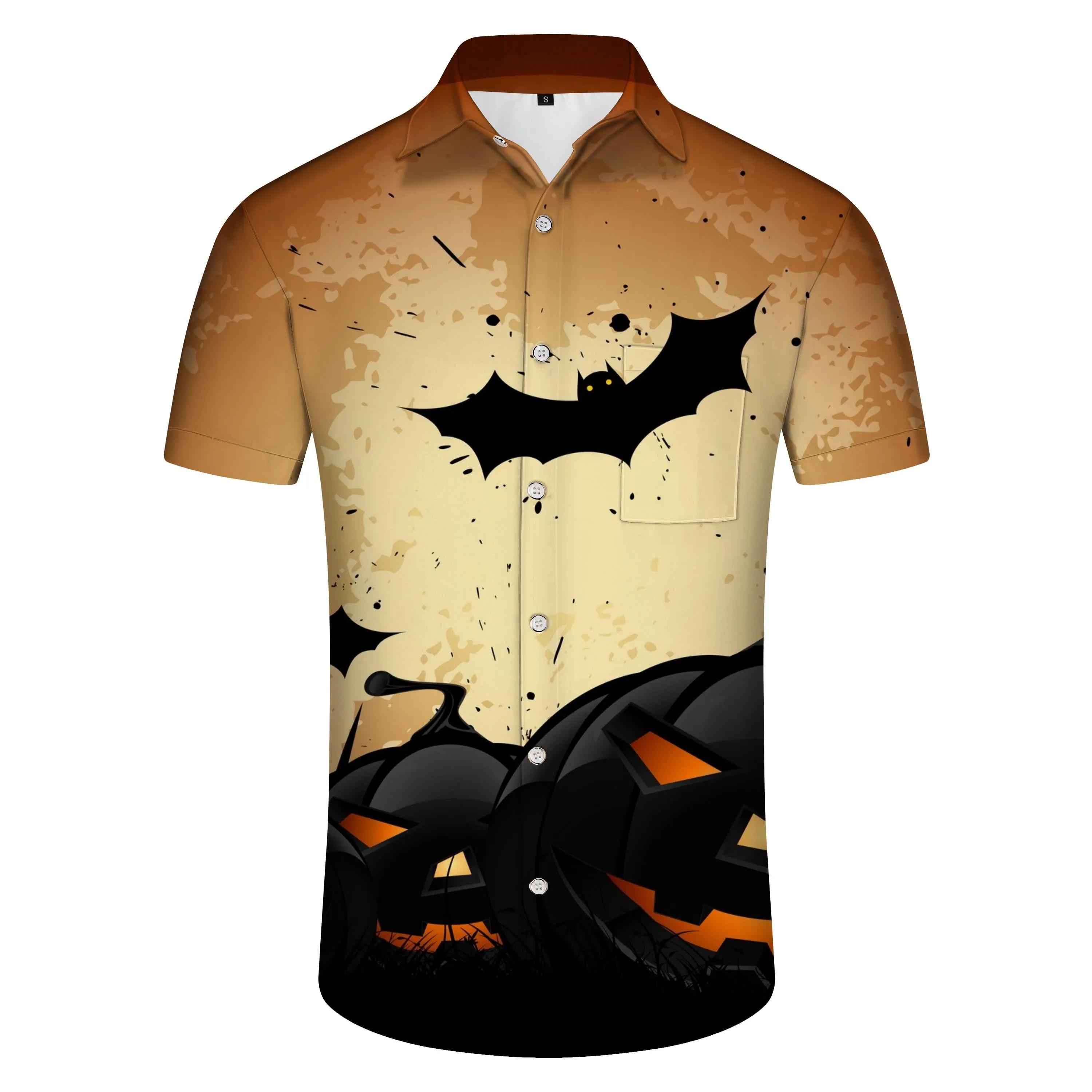 Bat Pumpkin Head Halloween Novelty Fashion Pumpkin Print Casual Short Sleeve Men's Button Shirt Hawaiian Festival