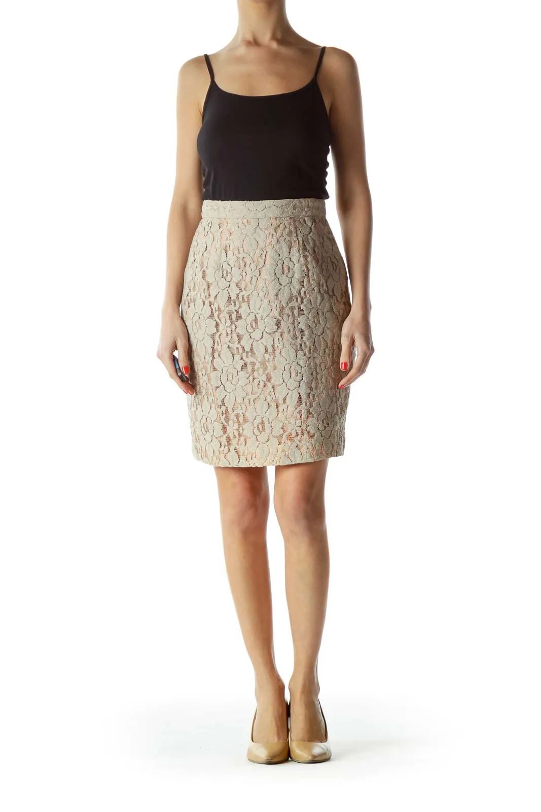 Beige Floral Lace Pencil Skirt