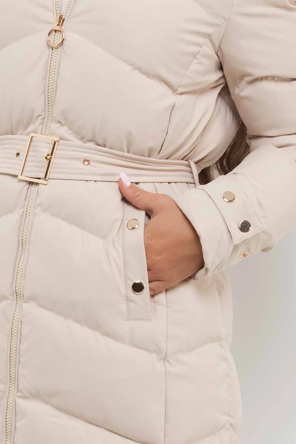 Beige Long Puffer Coat With Belt And Gold Button Detail