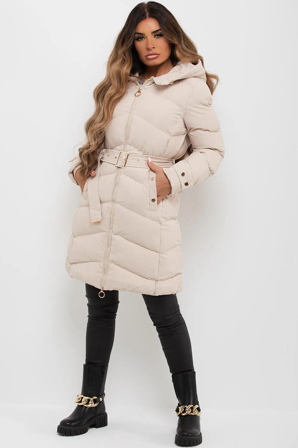 Beige Long Puffer Coat With Belt And Gold Button Detail