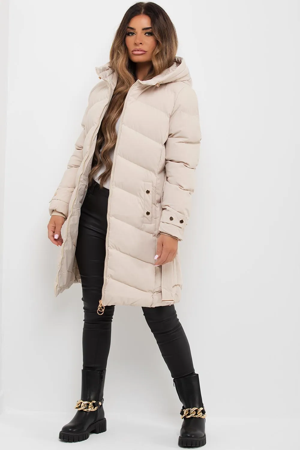 Beige Long Puffer Coat With Belt And Gold Button Detail