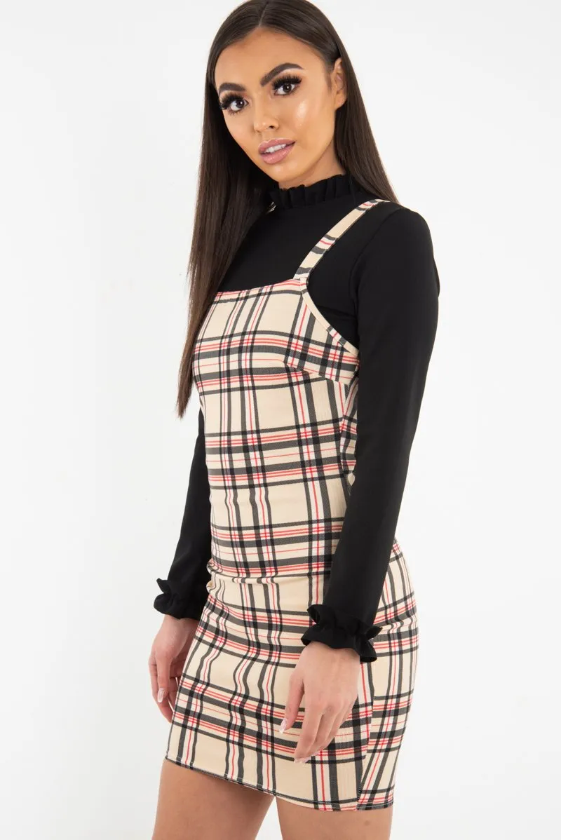 Beige Red Check Square Neck Mini Dress - Kysa