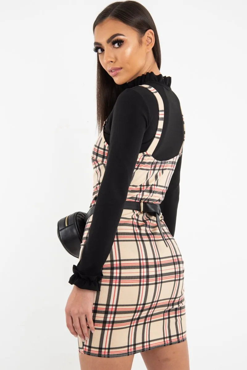 Beige Red Check Square Neck Mini Dress - Kysa