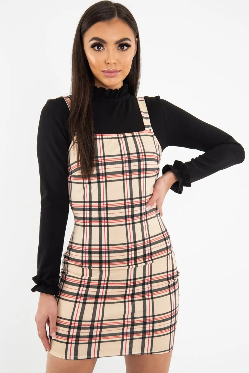 Beige Red Check Square Neck Mini Dress - Kysa