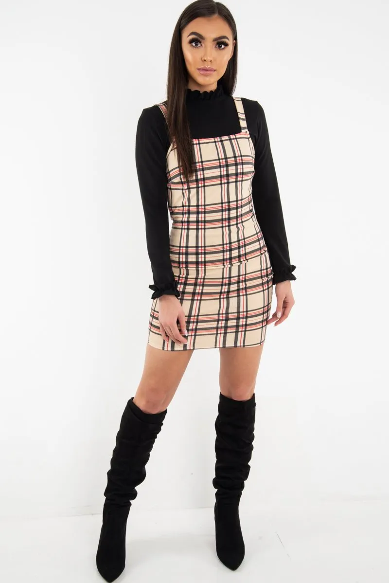 Beige Red Check Square Neck Mini Dress - Kysa