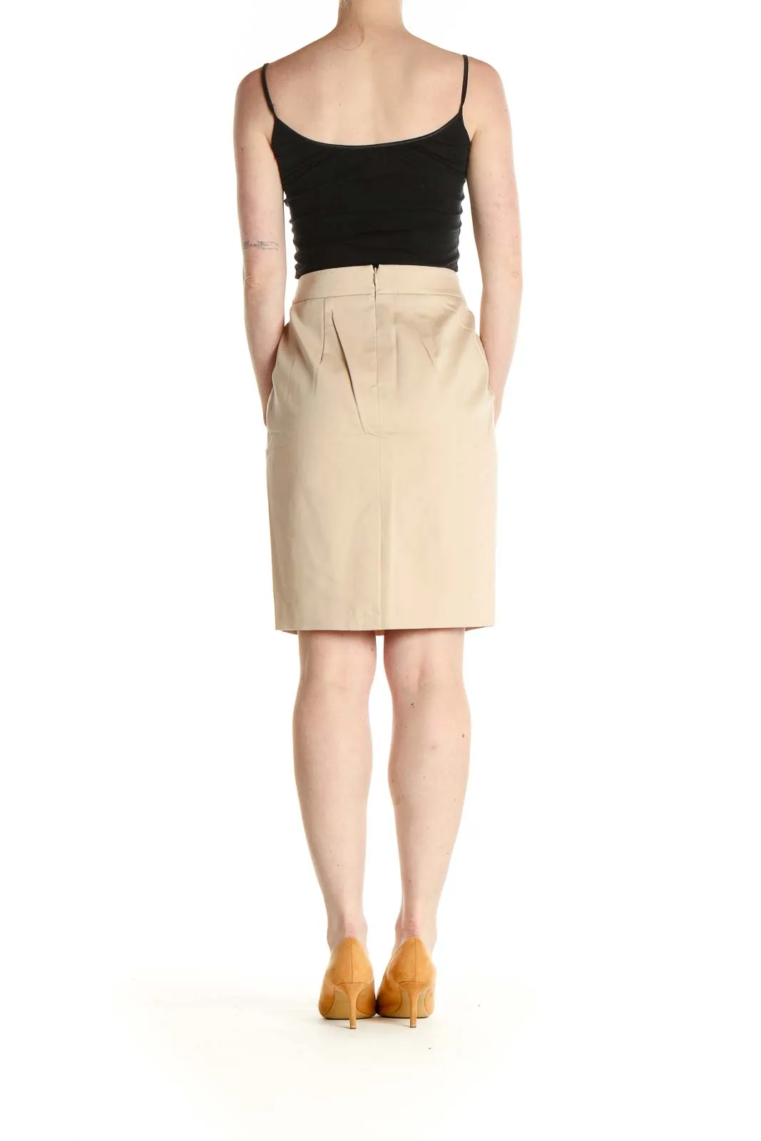 Beige Solid Brunch Pencil Skirt