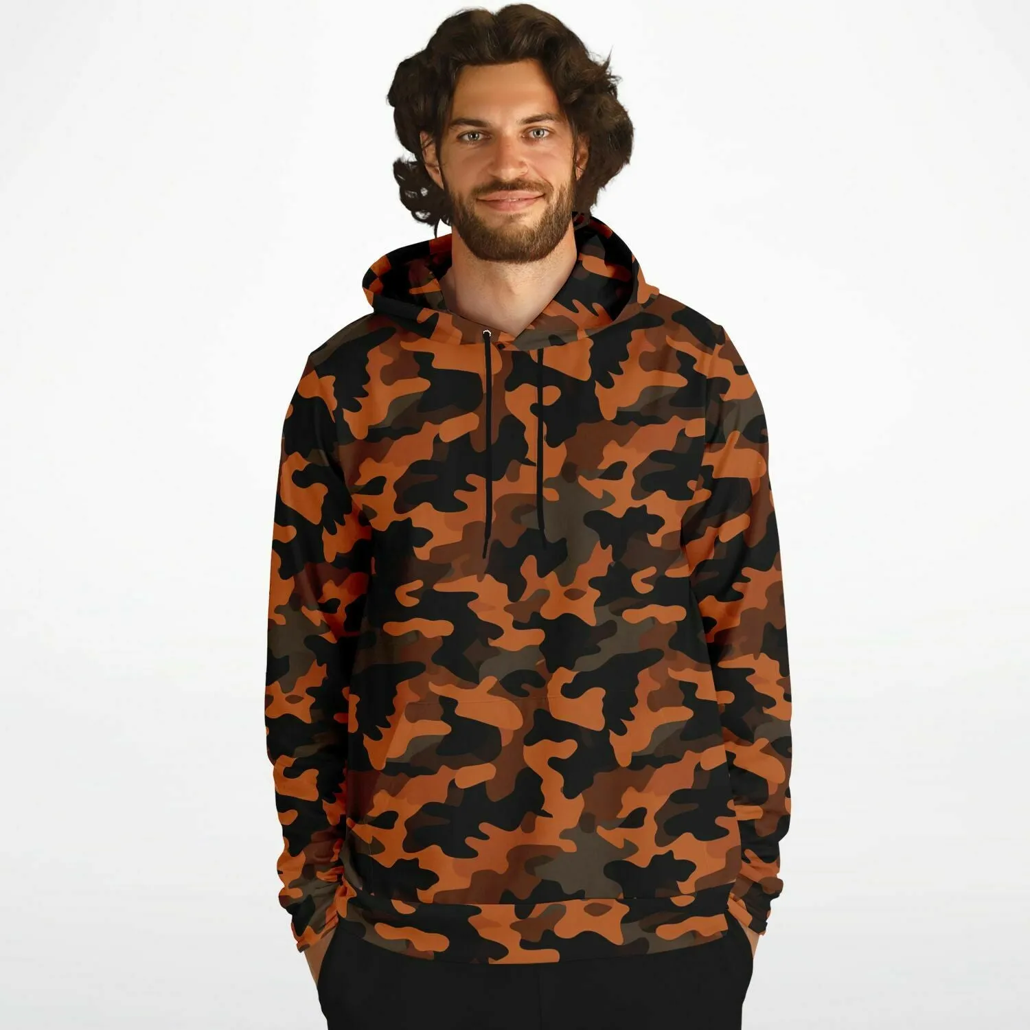 Black and Orange Camo Hoodie, Camouflage Pullover Men Women Adult Aesthetic Graphic Cotton Hooded Sweatshirt with Pockets
