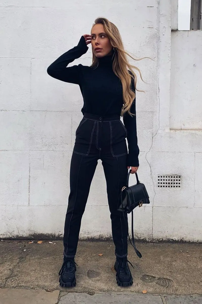 Black Contrast Stitch Straight Leg Trouser - Ezri