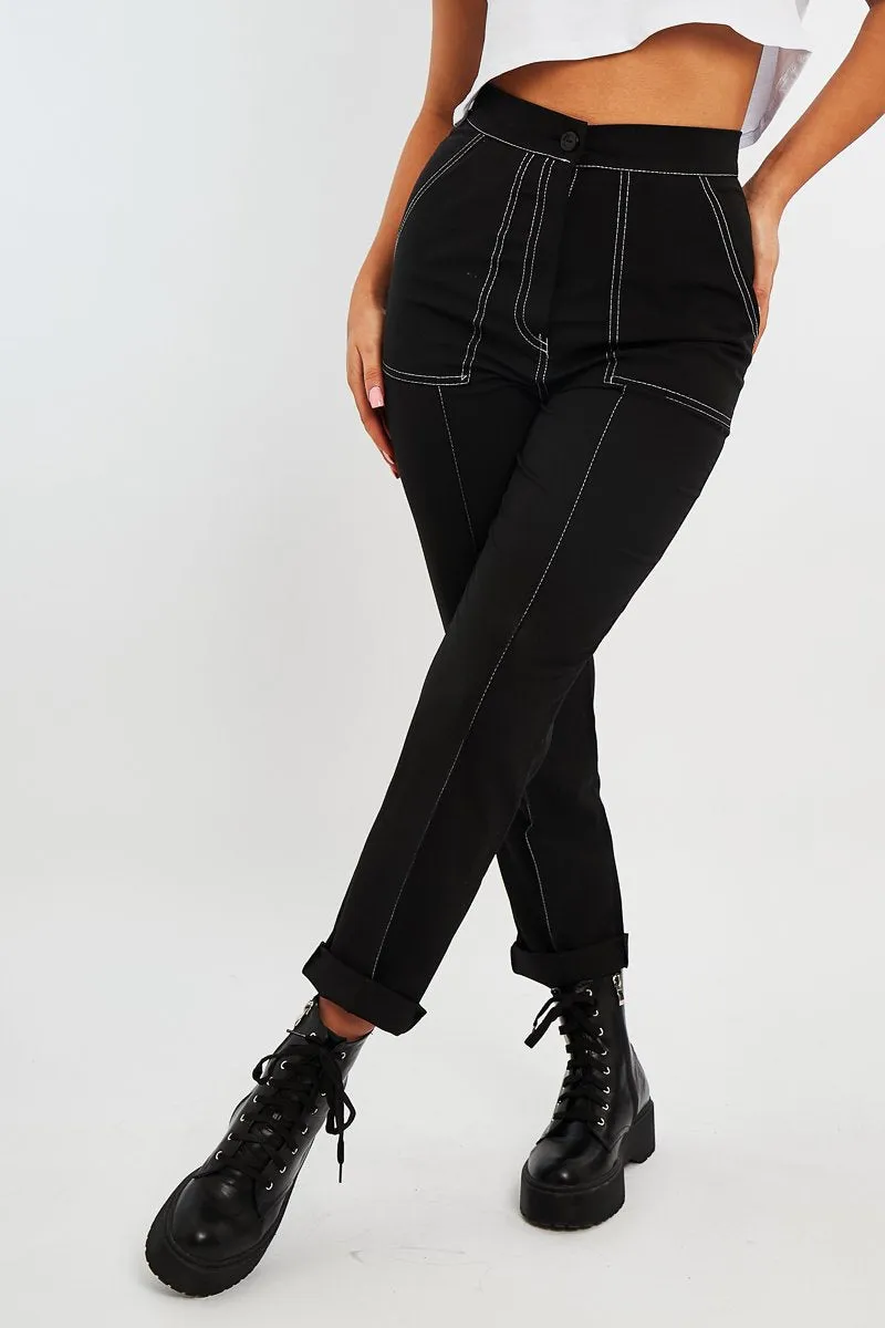 Black Contrast Stitch Straight Leg Trouser - Ezri