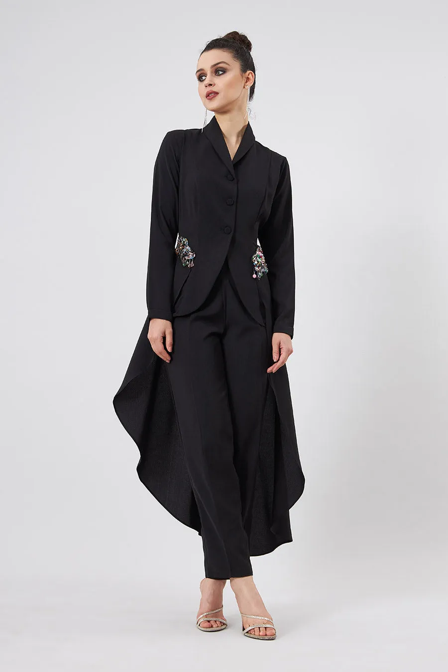 Black Crystal Blazer Tunic & Pant Co-Ord Set