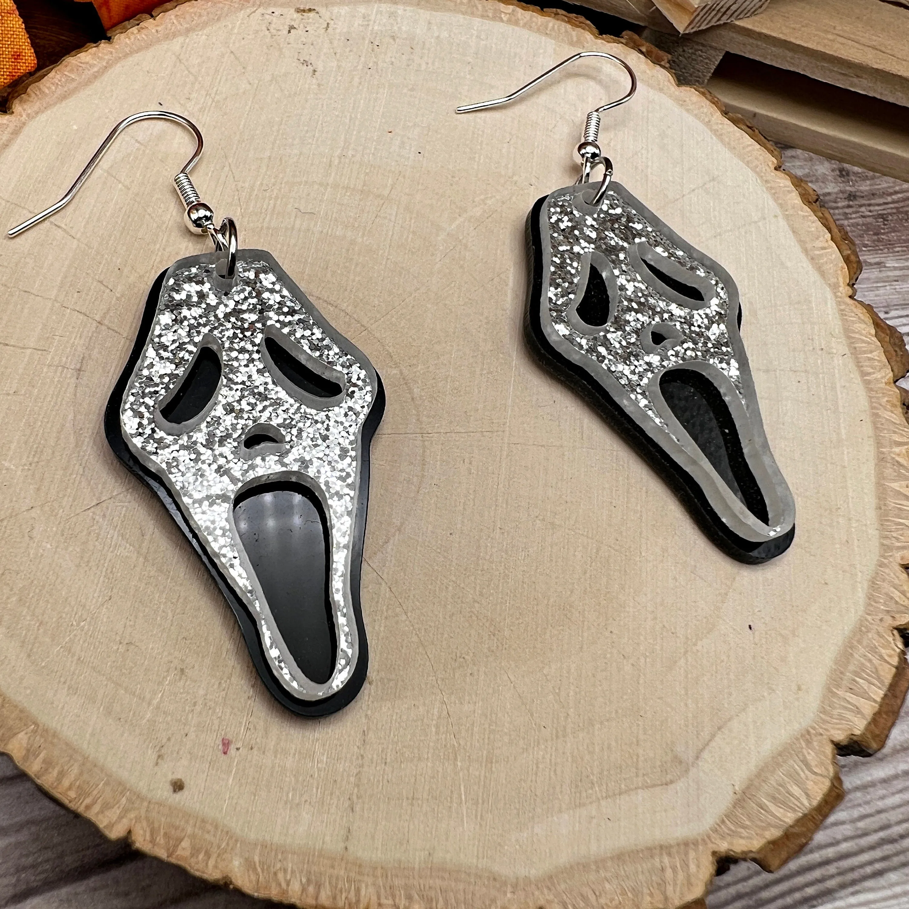 Black Glitter Halloween Scream Mask Acrylic  Earrings