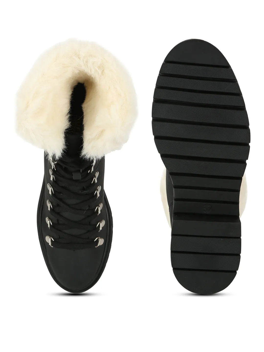 Black Nubuck Lace Up Faux Fur Ankle Boots