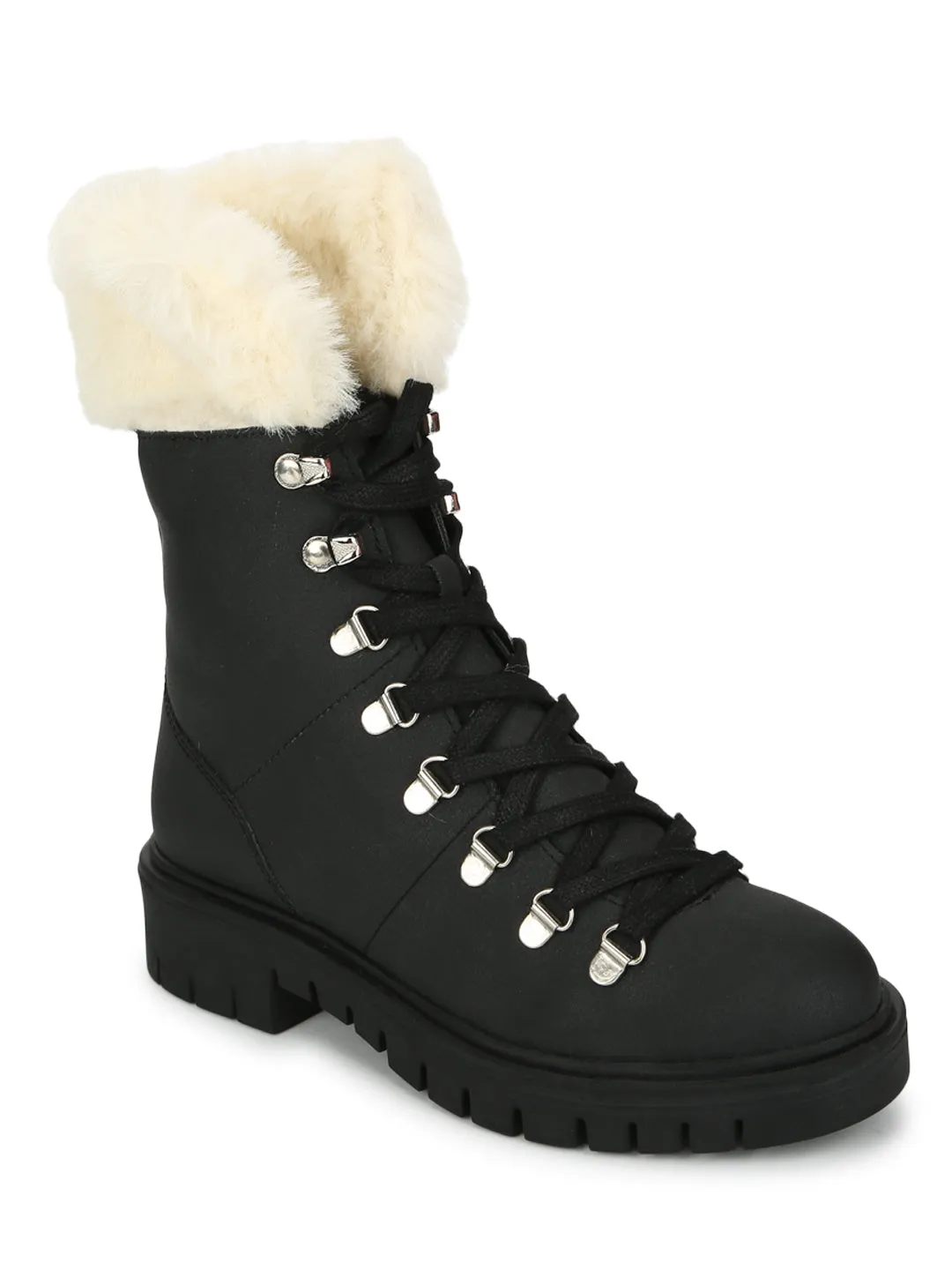 Black Nubuck Lace Up Faux Fur Ankle Boots