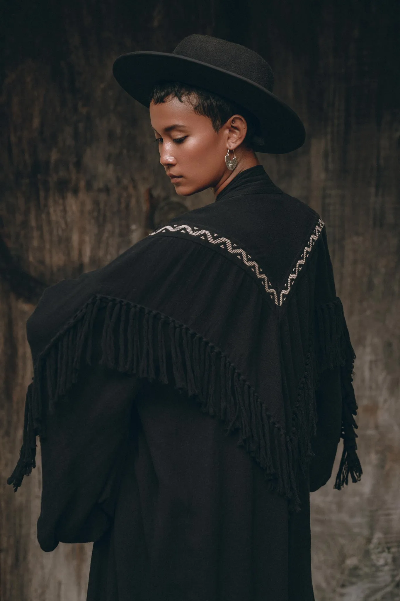 Black Organic Poncho • Tribal Cotton Robe • Hand Embroidered Overcoat