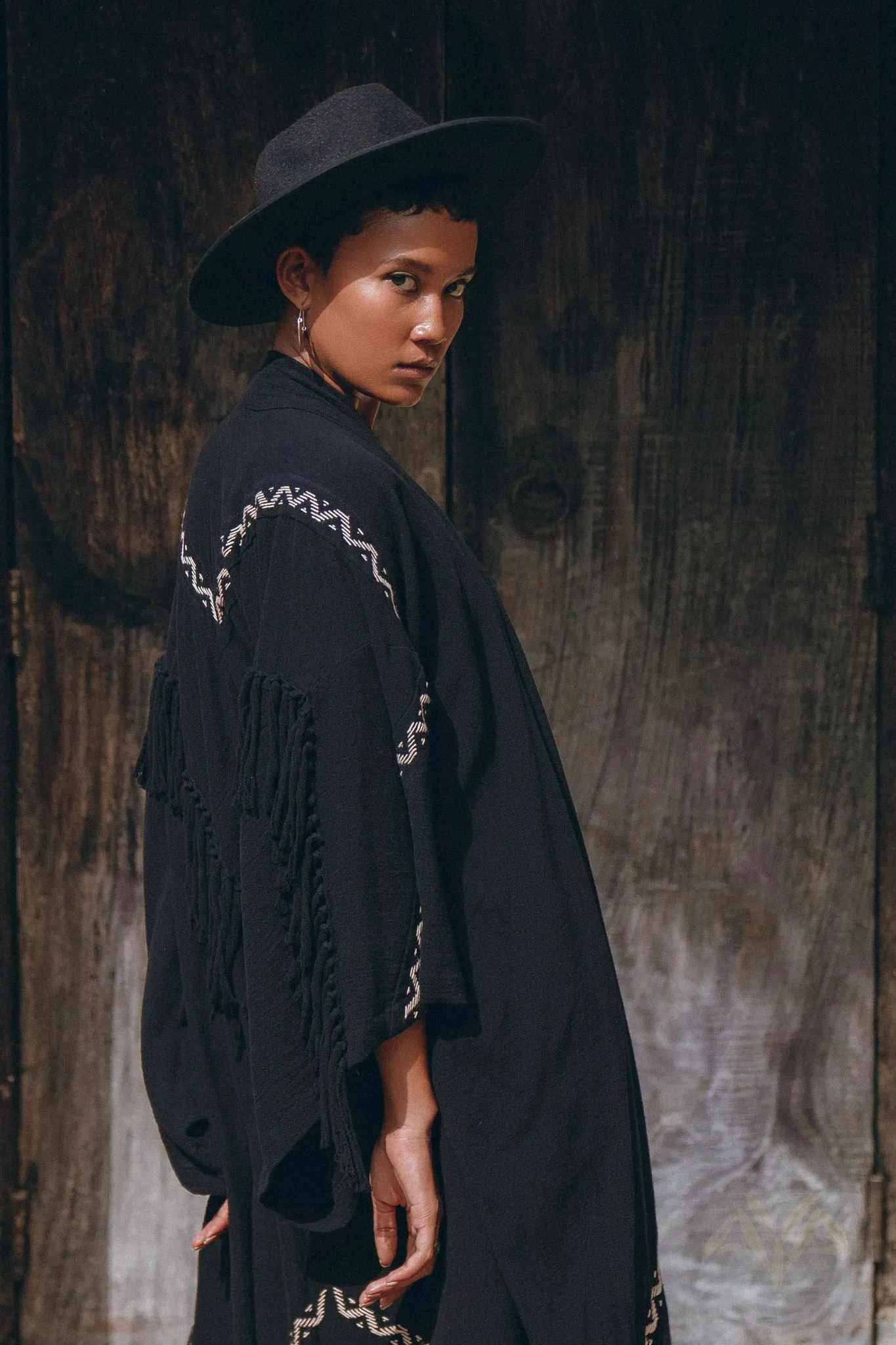 Black Organic Poncho • Tribal Cotton Robe • Hand Embroidered Overcoat