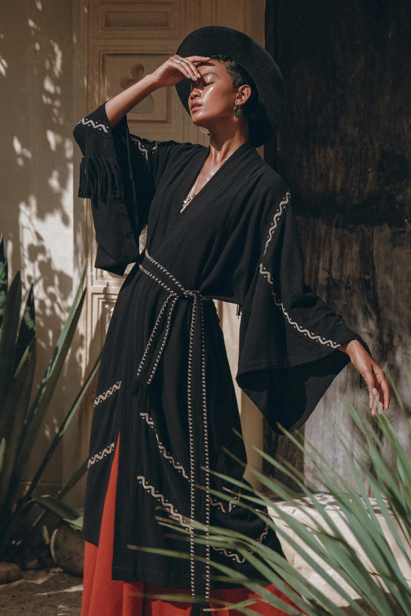 Black Organic Poncho • Tribal Cotton Robe • Hand Embroidered Overcoat