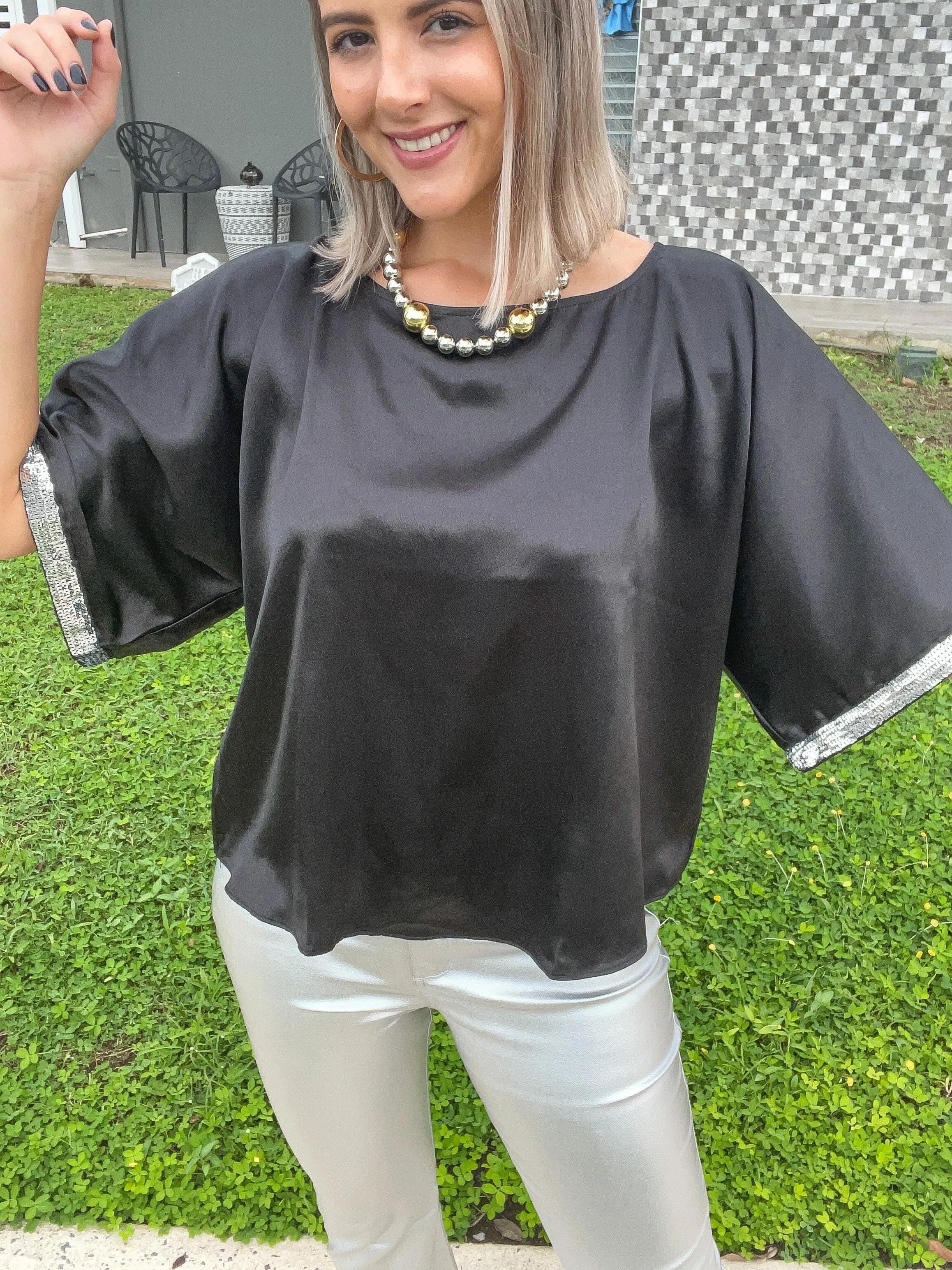 BLACK SEQUIN DETAIL TUNIC BLOUSE