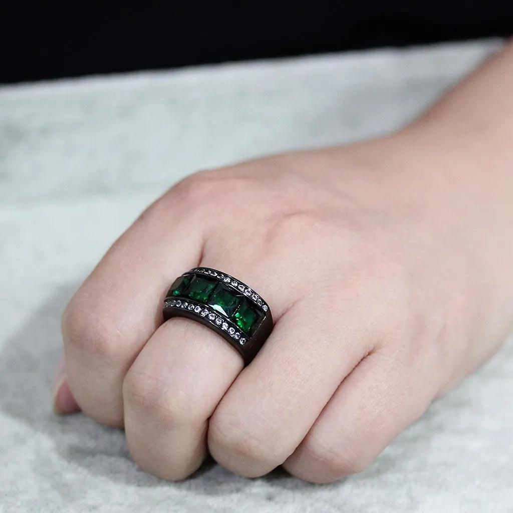 Black Stainless Steel Ring with Synthetic in Emerald for Women Style TK3747