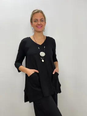 Black Tencel Jazz V Neck Tunic