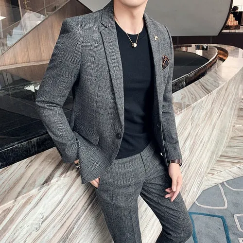 Blazer   Hosen Herrenmode Boutique Plaid Casual Business Anzug Bräutigam Hochzeit Kleid Smoking Männlichen Formalen Anzug