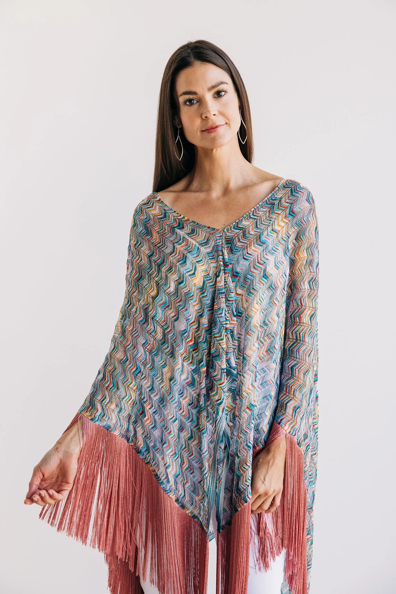 Blue Chevron Rose Fringe Poncho - One Size